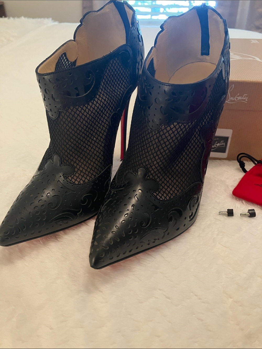 Christian Louboutin Black Laser-Cut Peep-Toe Stiletto Booties with Red Sole - Picture 8 of 10